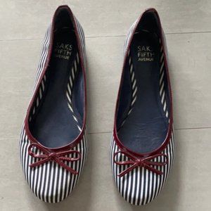 SAKS Classic Navy Striped Flats with oxblood bow Saks Fifth Avenue